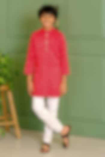 Red Cotton Satin & Silk Embroidered Kurta Set For Boys by Free Sparrow at Pernia's Pop Up Shop