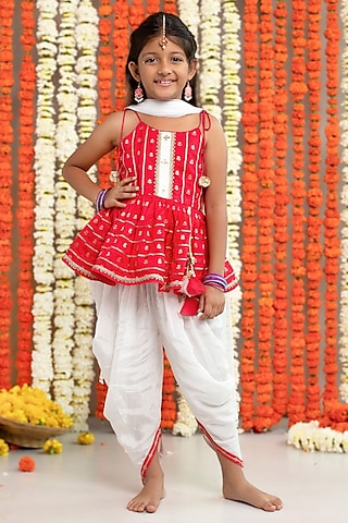 Off-White Silk & Crepe Dhoti Set For Girls by Free Sparrow