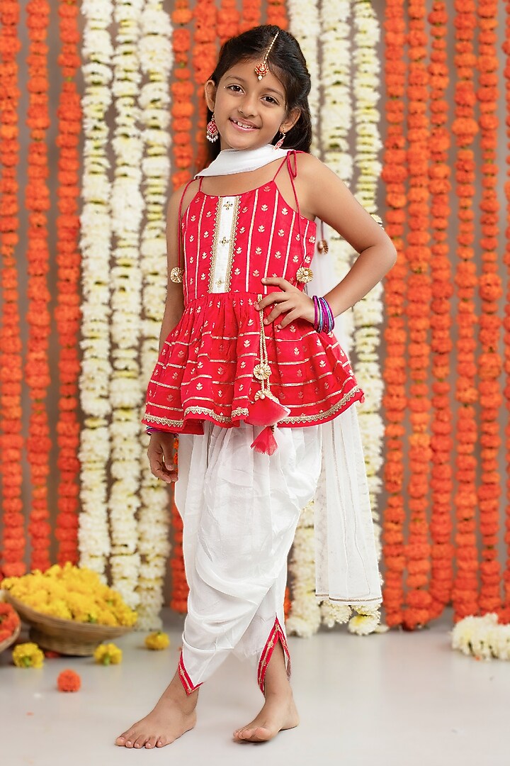 Off-White Silk & Crepe Dhoti Set For Girls by Free Sparrow at Pernia's Pop Up Shop