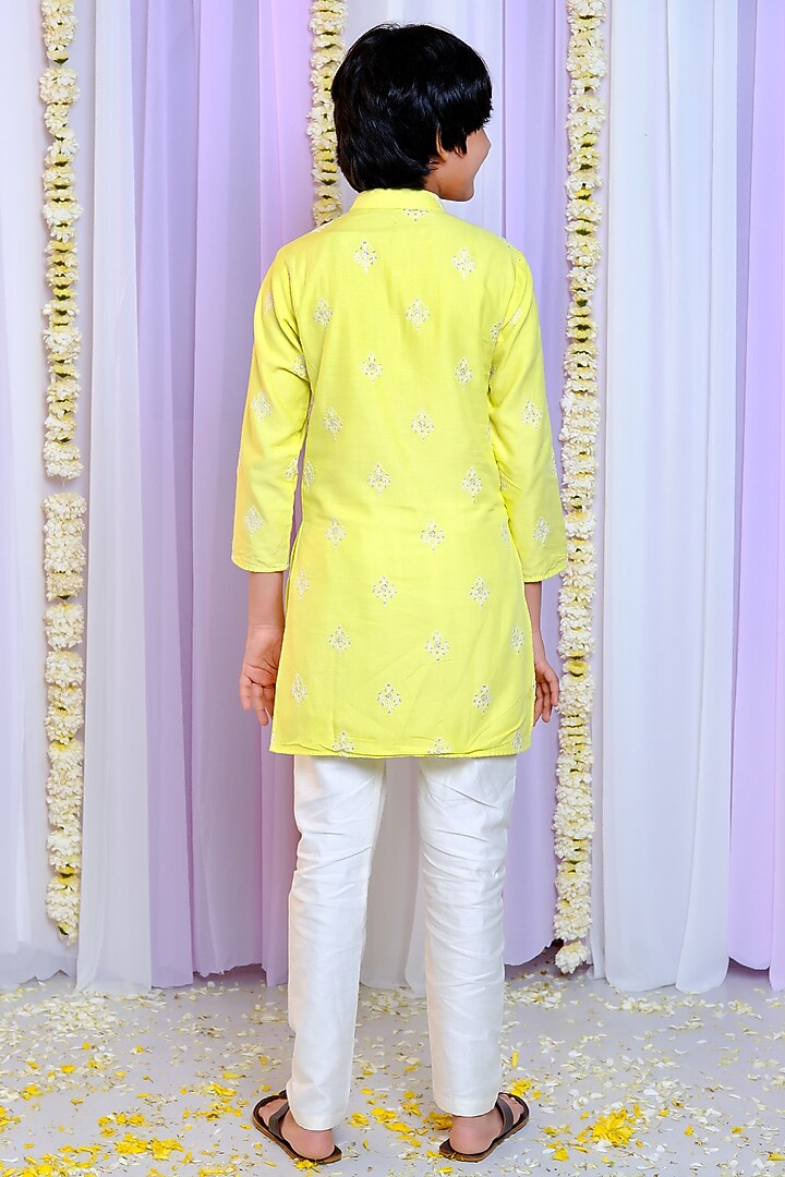 Yellow Cotton & Cotton Satin Thread Embroidered Kurta Set Boys by Free Sparrow at Pernia's Pop Up Shop