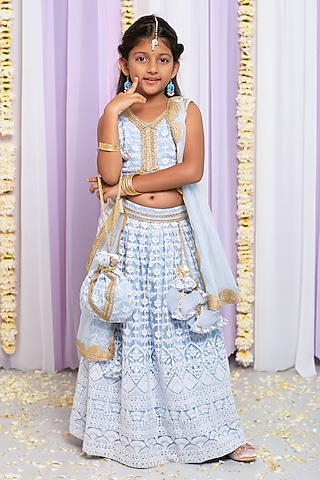 Powder Blue Shantoon & Cotton Thread Work Lehenga Set For Girls by Free Sparrow