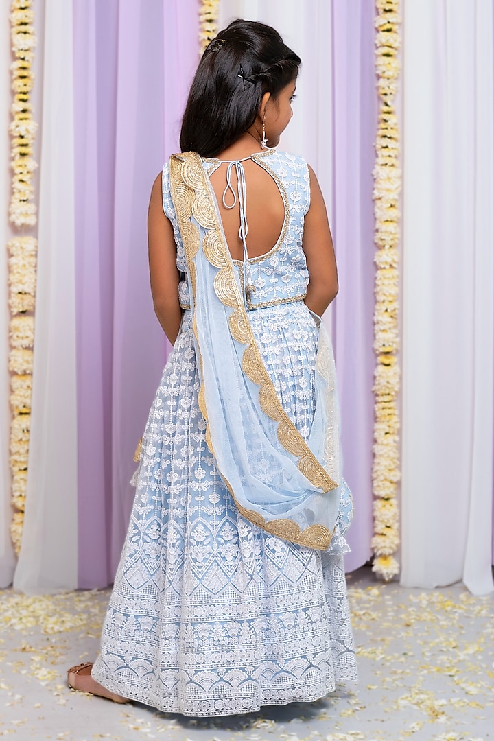 Powder Blue Shantoon & Cotton Thread Work Lehenga Set For Girls by Free Sparrow at Pernia's Pop Up Shop