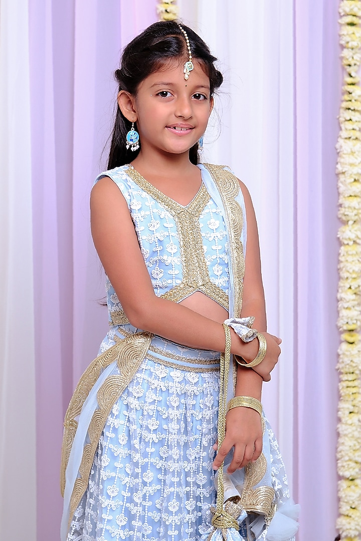 Powder Blue Shantoon & Cotton Thread Work Lehenga Set For Girls by Free Sparrow at Pernia's Pop Up Shop