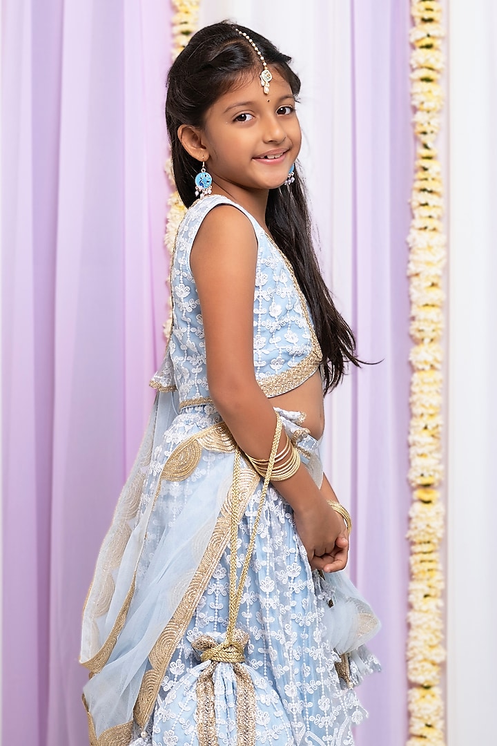 Powder Blue Shantoon & Cotton Thread Work Lehenga Set For Girls by Free Sparrow at Pernia's Pop Up Shop