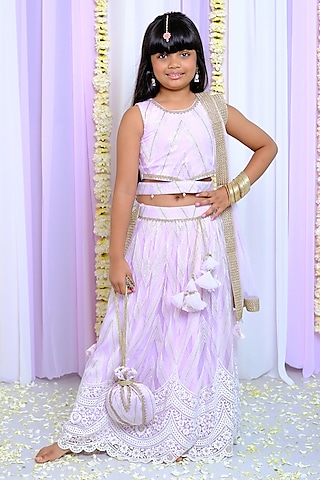 Lilac Shantoon & Cotton Embroidered Lehenga Set For Girls by Free Sparrow