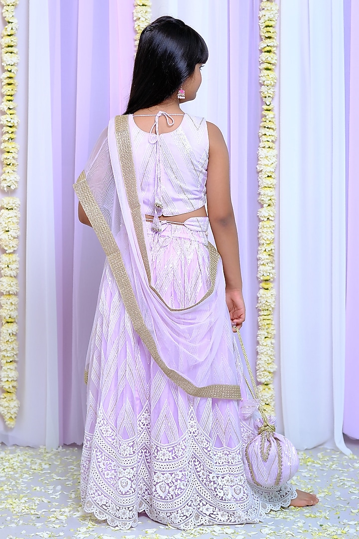 Lilac Shantoon & Cotton Embroidered Lehenga Set For Girls by Free Sparrow at Pernia's Pop Up Shop