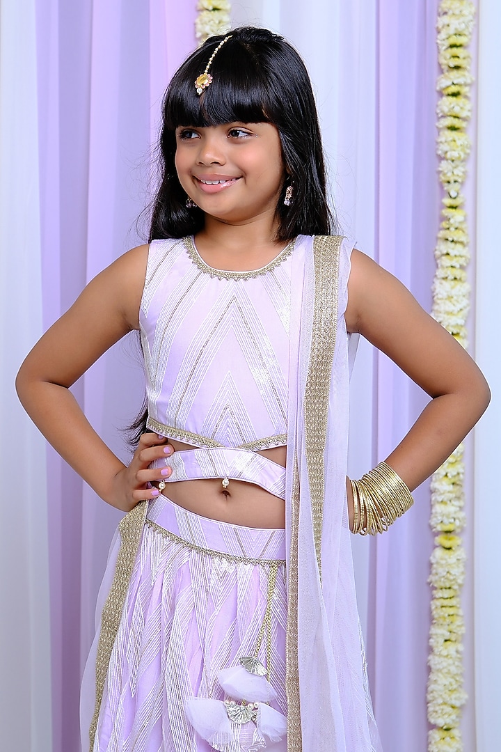 Lilac Shantoon & Cotton Embroidered Lehenga Set For Girls by Free Sparrow at Pernia's Pop Up Shop