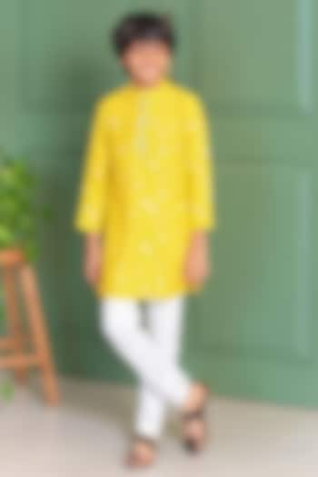 Yellow Dupion Silk & Cotton Thread Work Kurta Set For Boys by Free Sparrow at Pernia's Pop Up Shop