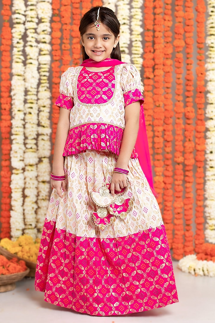 Ivory & Pink Jacquard Silk Embroidered Lehenga Set For Girls by Free Sparrow at Pernia's Pop Up Shop