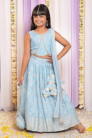Powder Blue Shantoon & Cotton Embroidered Lehenga Set For Girls by Free Sparrow