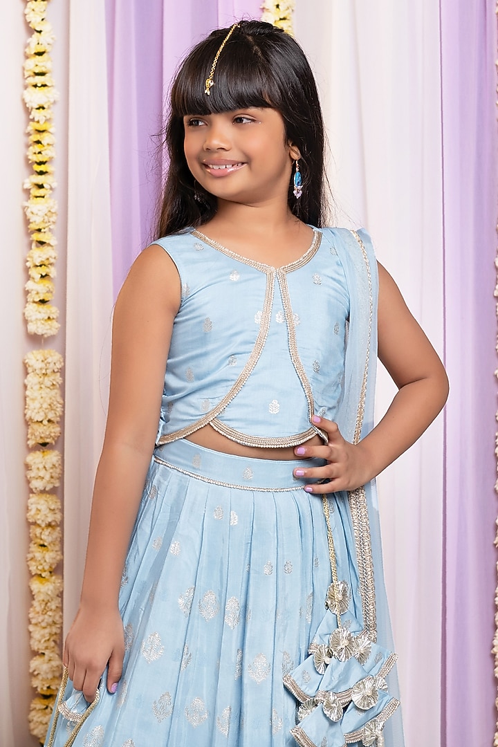 Powder Blue Shantoon & Cotton Embroidered Lehenga Set For Girls by Free Sparrow at Pernia's Pop Up Shop