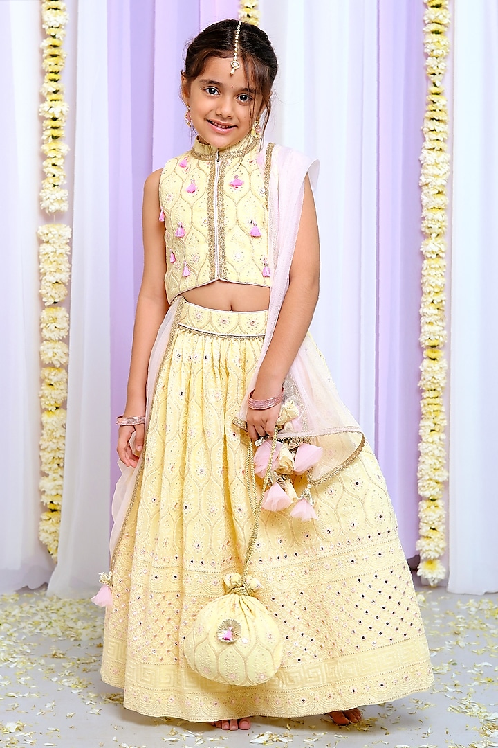 Yellow Shantoon & Georgette Thread Embroidered Lehenga Set For Girls by Free Sparrow at Pernia's Pop Up Shop