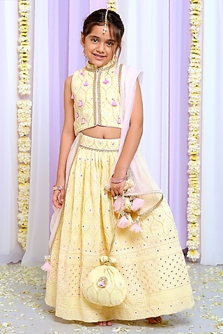Yellow Shantoon & Georgette Thread Embroidered Lehenga Set For Girls by Free Sparrow