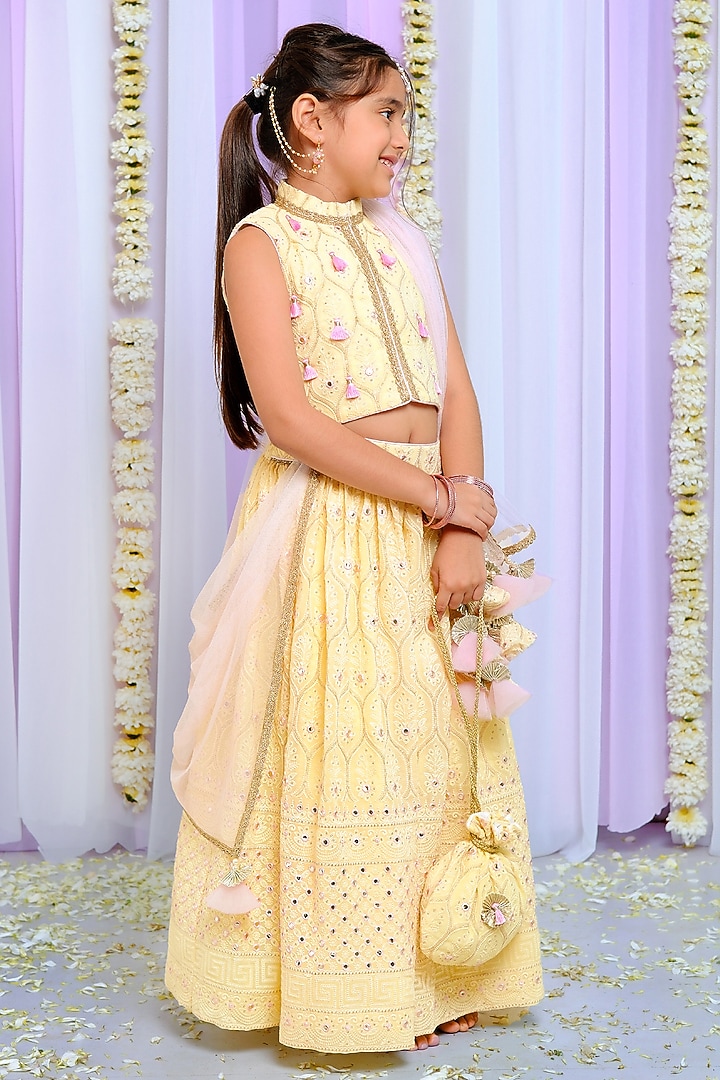 Yellow Shantoon & Georgette Thread Embroidered Lehenga Set For Girls by Free Sparrow at Pernia's Pop Up Shop