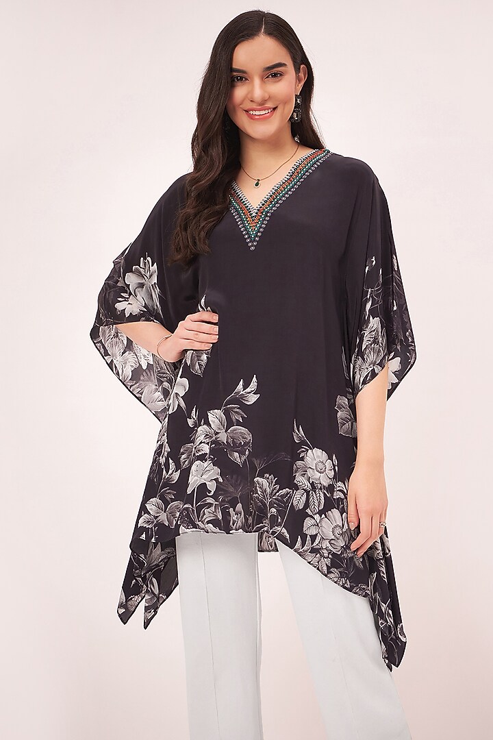 Black Floral Printed Kaftan by First Resort by Ramola Bachchan at Pernia's Pop Up Shop
