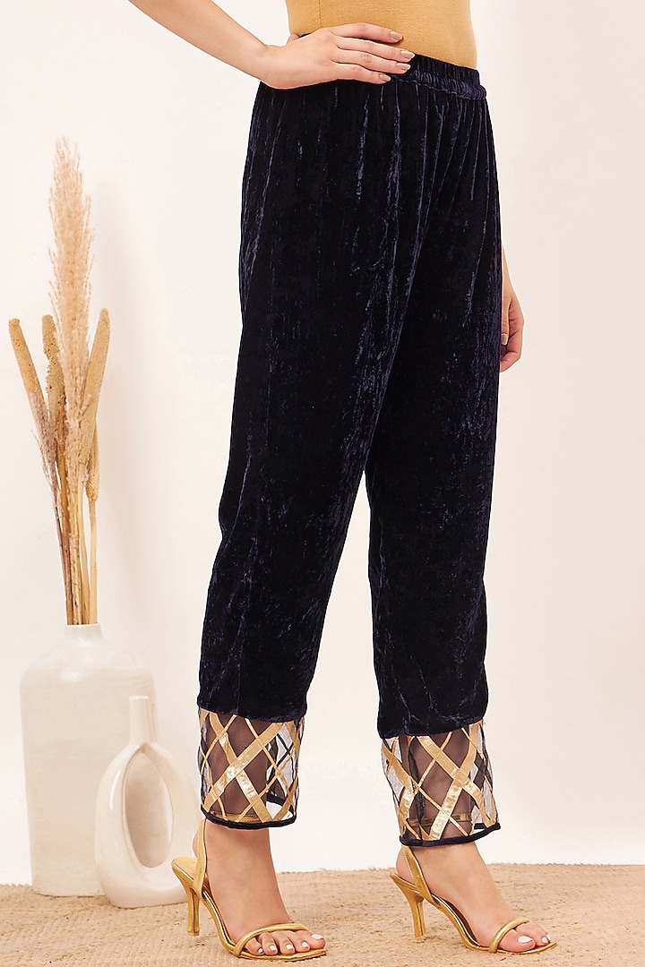 Blue Silk Velvet Straight Pants by First Resort by Ramola Bachchan at Pernia's Pop Up Shop