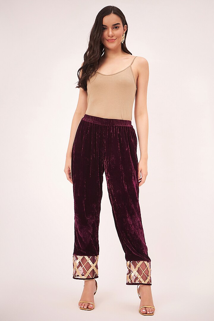 Maroon Silk Velvet Straight Pants by First Resort by Ramola Bachchan