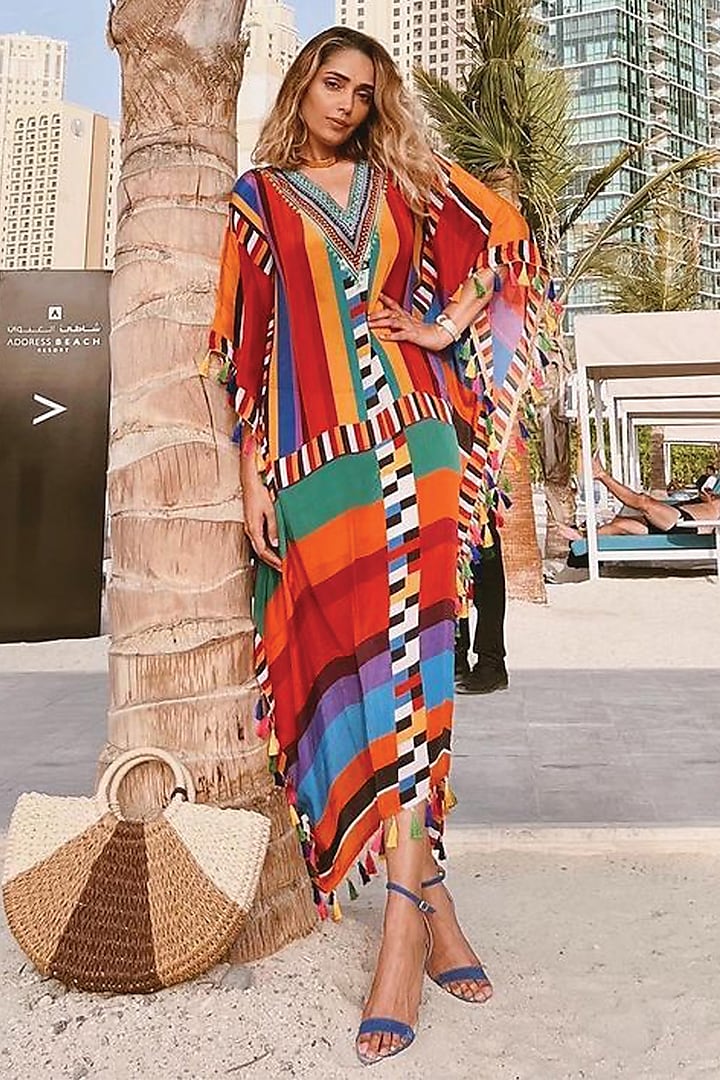 Red Kaftan With Tassels by First Resort by Ramola Bachchan at Pernia's Pop Up Shop