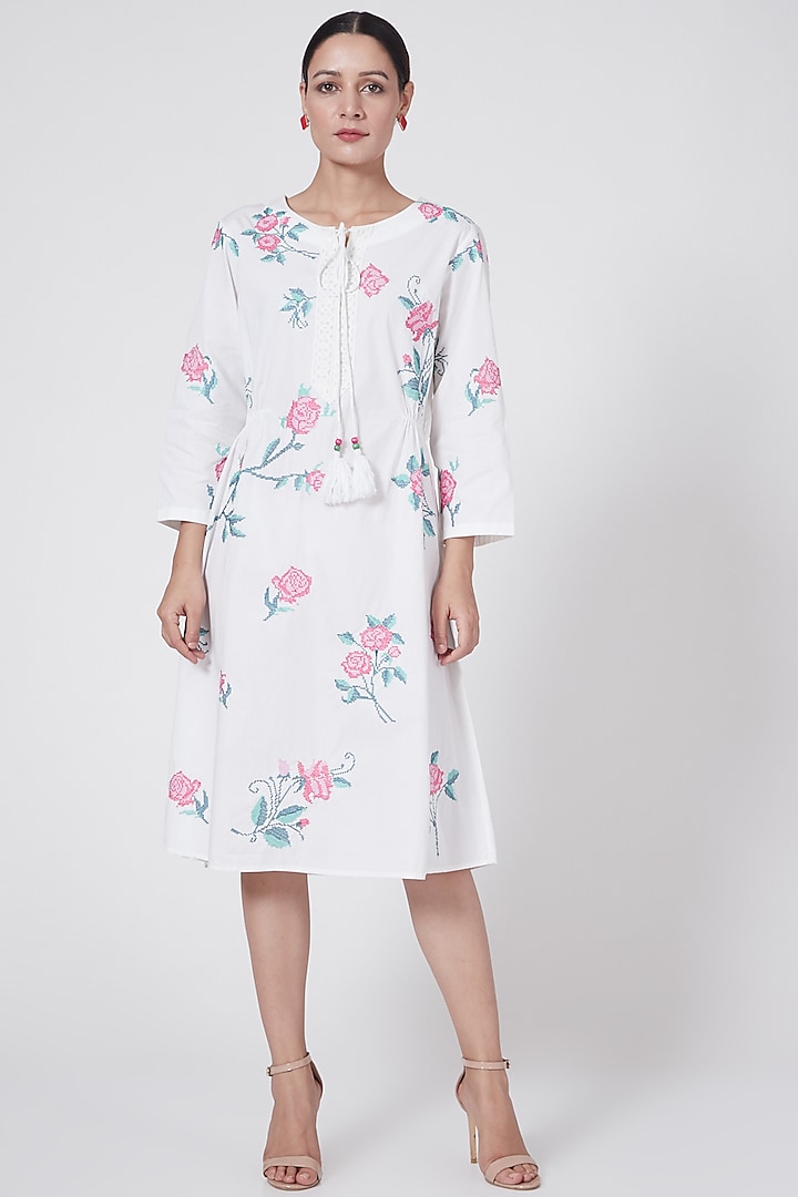 White & Pink Embroidered Summer Dress by First Resort by Ramola Bachchan at Pernia's Pop Up Shop