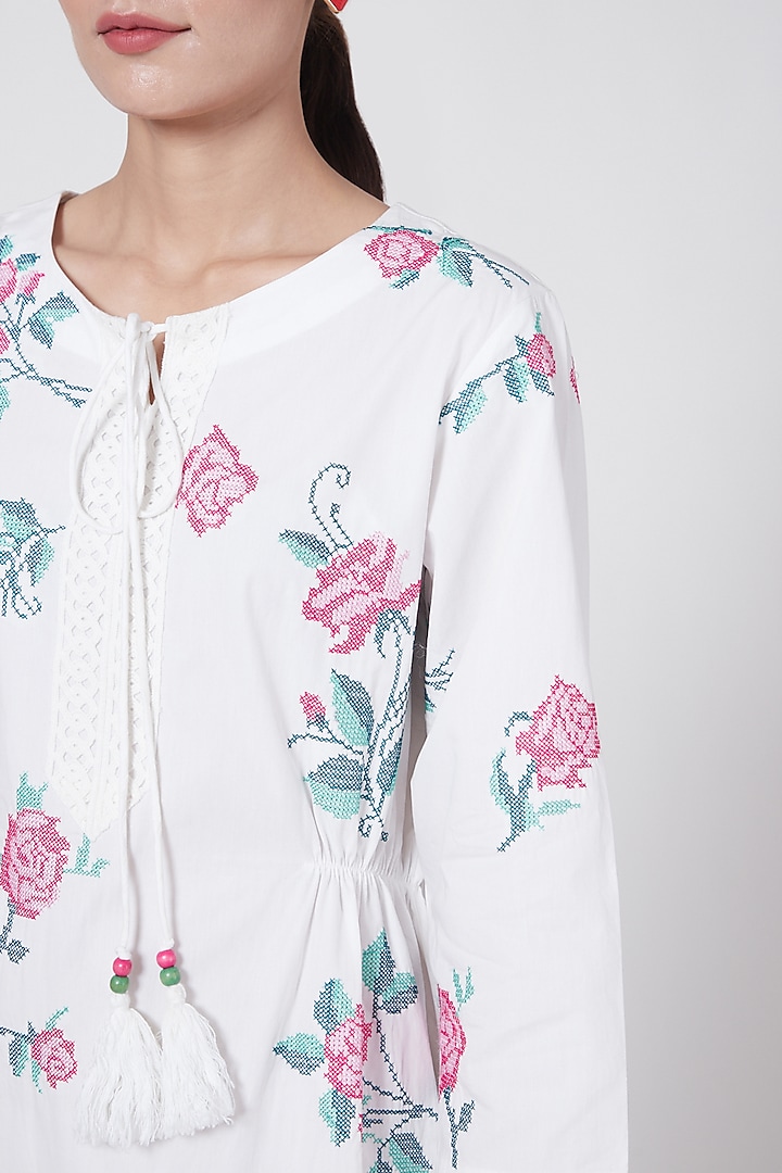 White & Pink Embroidered Summer Dress by First Resort by Ramola Bachchan at Pernia's Pop Up Shop