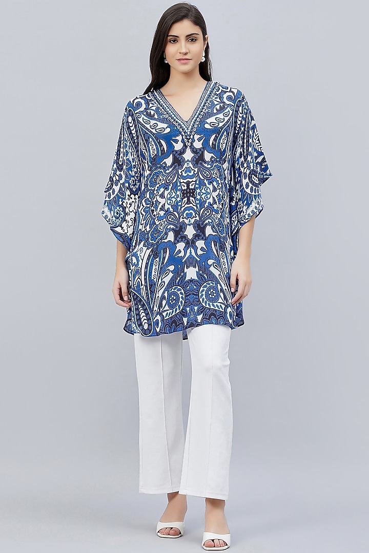 Azure Blue & White Georgette Embroidered & Printed Tunic by First Resort by Ramola Bachchan at Pernia's Pop Up Shop