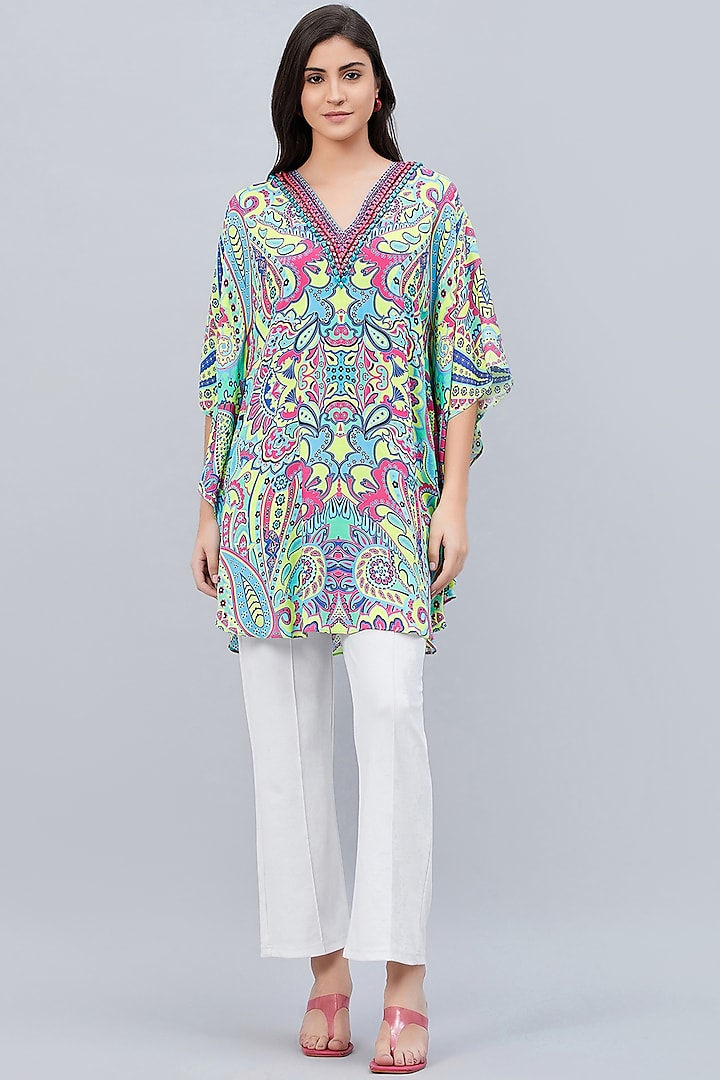 Lime Green & Pink Georgette Embroidered & Printed Tunic by First Resort by Ramola Bachchan at Pernia's Pop Up Shop