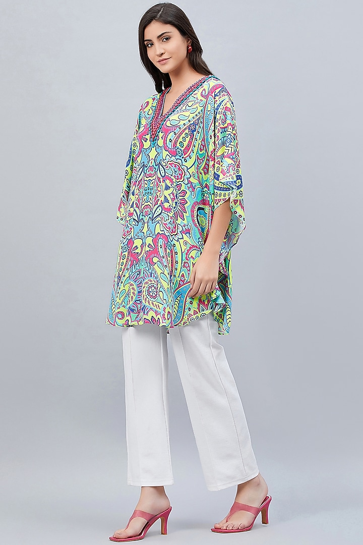 Lime Green & Pink Georgette Embroidered & Printed Tunic by First Resort by Ramola Bachchan at Pernia's Pop Up Shop