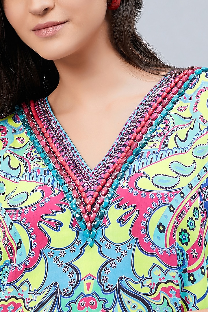 Lime Green & Pink Georgette Embroidered & Printed Tunic by First Resort by Ramola Bachchan at Pernia's Pop Up Shop