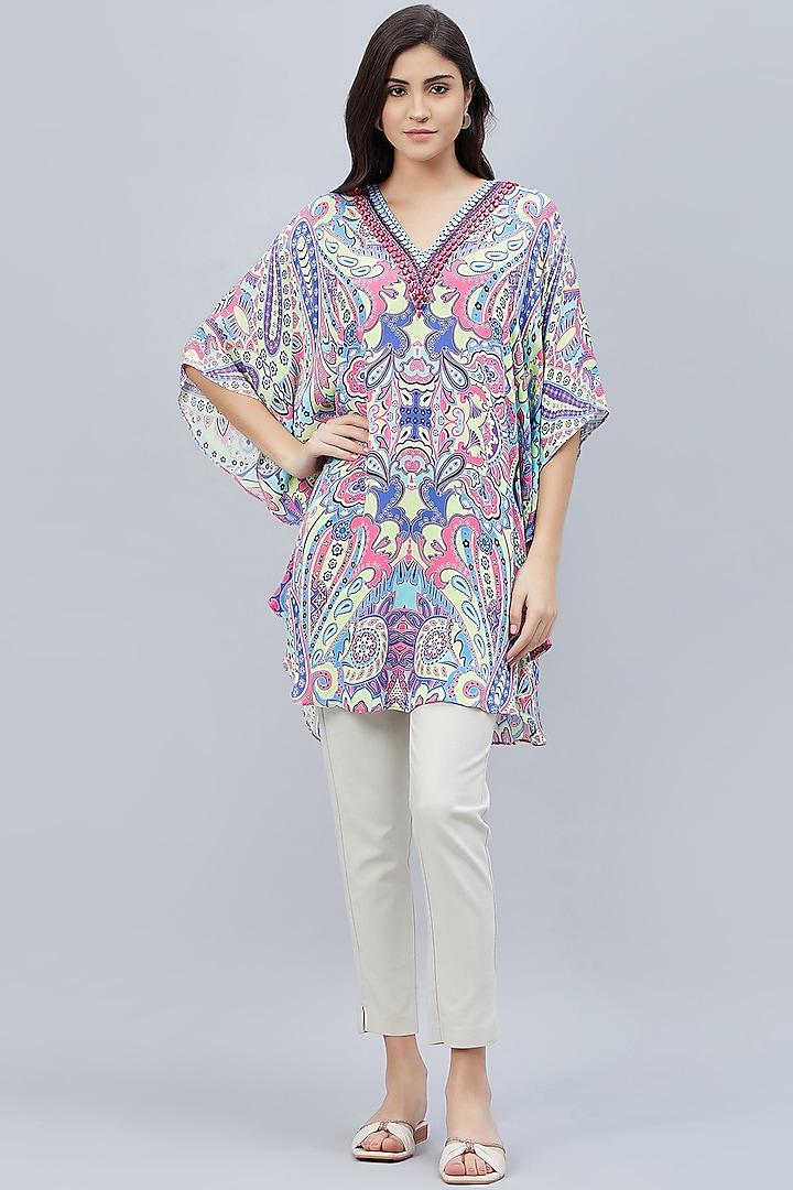 Mauve & Blue Georgette Embroidered & Printed Tunic by First Resort by Ramola Bachchan at Pernia's Pop Up Shop