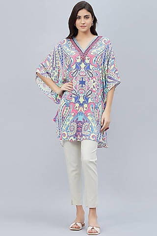 Mauve & Blue Georgette Embroidered & Printed Tunic by First Resort by Ramola Bachchan