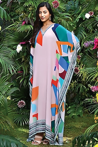 Peach Viscose Crepe Printed Kaftan by First Resort by Ramola Bachchan