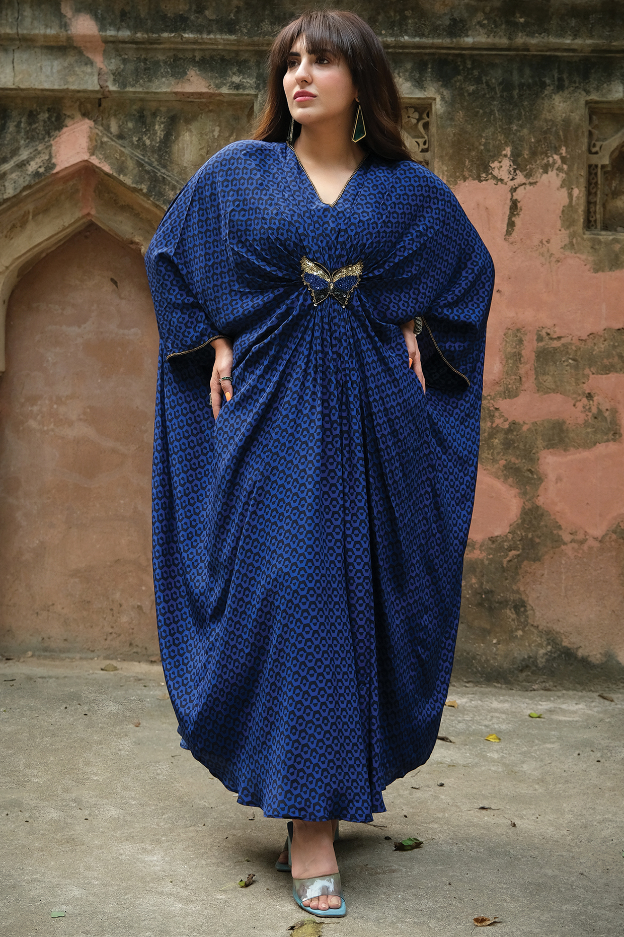 Cobalt Blue Silk Crepe Printed Kaftan by First Resort by Ramola Bachchan at Pernia's Pop Up Shop