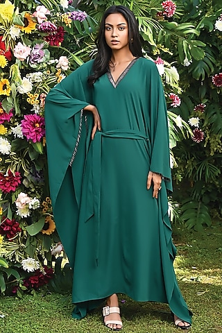 Pine Green Polyester Crepe Kaftan by First Resort by Ramola Bachchan