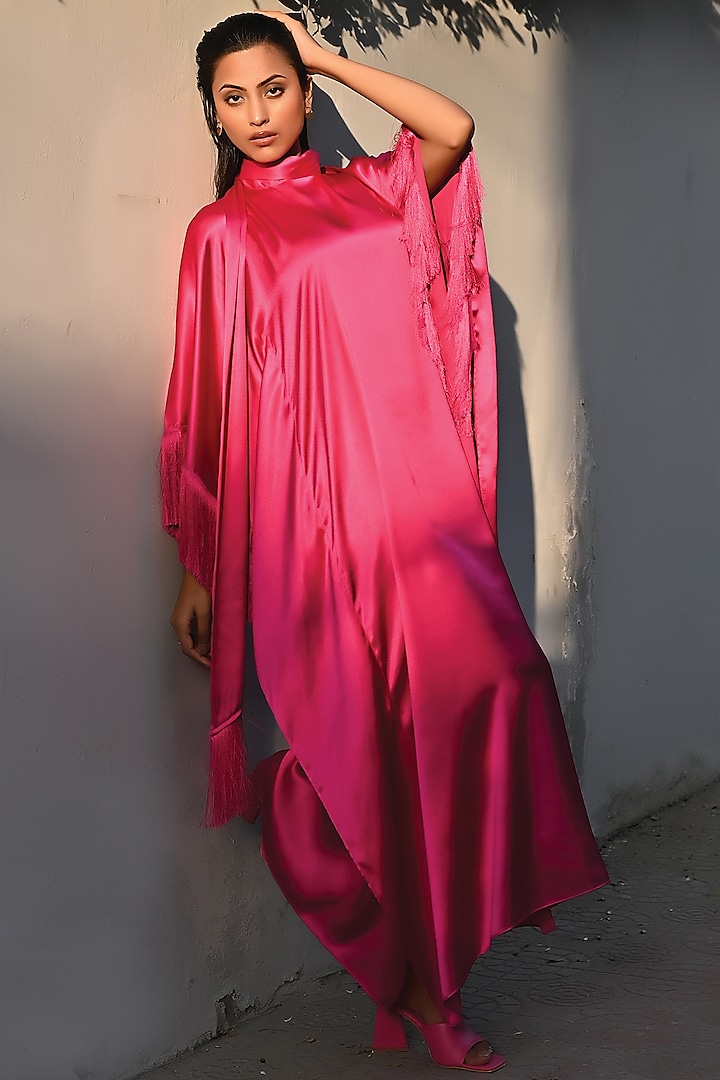 Hot Pink Polyester Satin Kaftan by First Resort by Ramola Bachchan at Pernia's Pop Up Shop