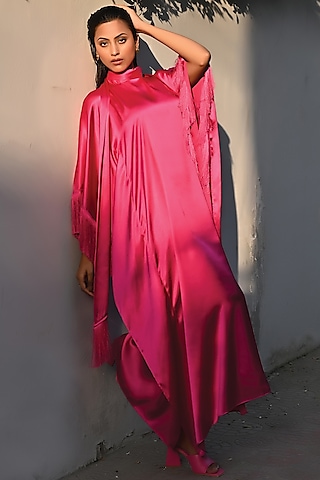 Hot Pink Polyester Satin Kaftan by First Resort by Ramola Bachchan