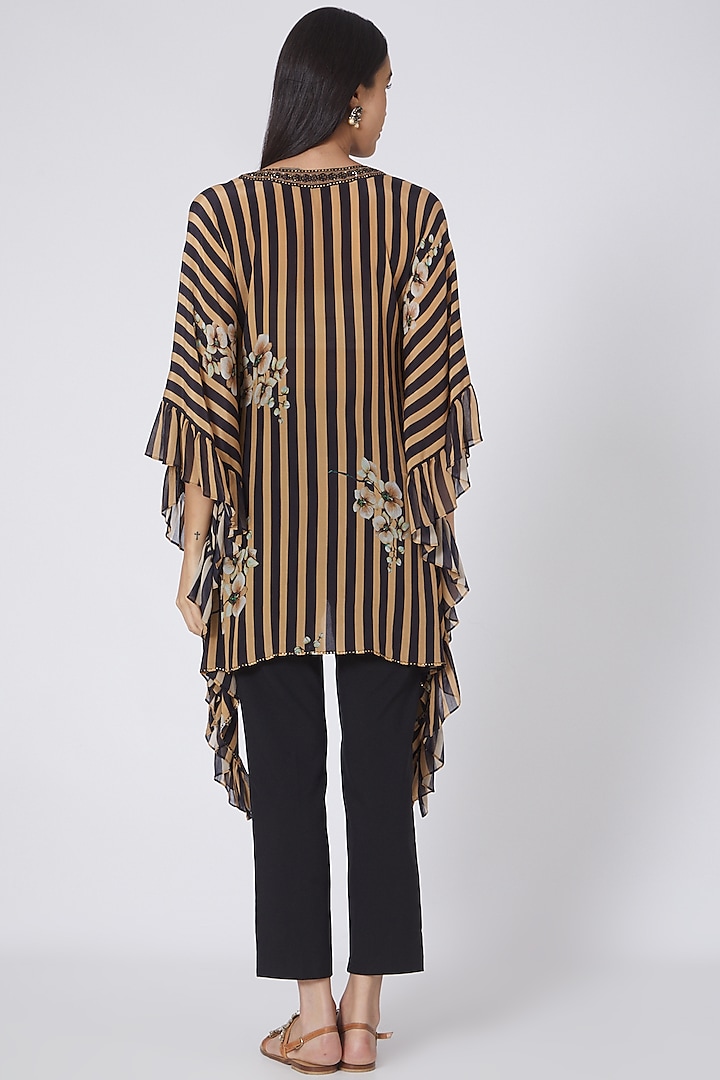 Black & Caramel Printed Frill Kaftan Tunic by First Resort by Ramola Bachchan at Pernia's Pop Up Shop