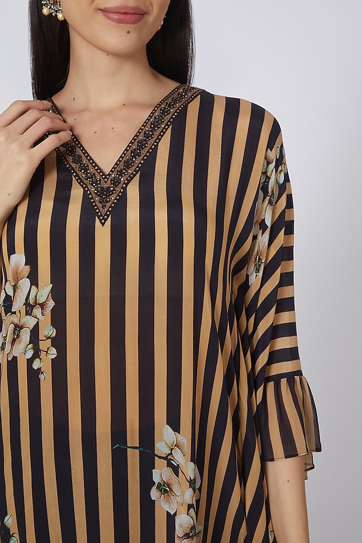 Black & Caramel Printed Frill Kaftan Tunic by First Resort by Ramola Bachchan at Pernia's Pop Up Shop