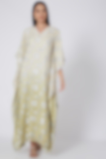 White & Olive Green Ombre Embroidered Kaftan by First Resort by Ramola Bachchan