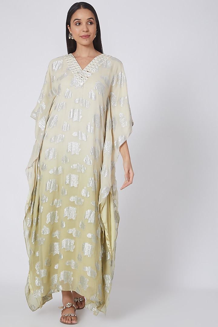 White & Olive Green Ombre Embroidered Kaftan by First Resort by Ramola Bachchan