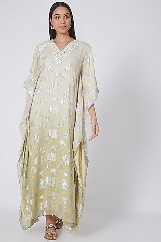 White & Olive Green Ombre Embroidered Kaftan by First Resort by Ramola Bachchan