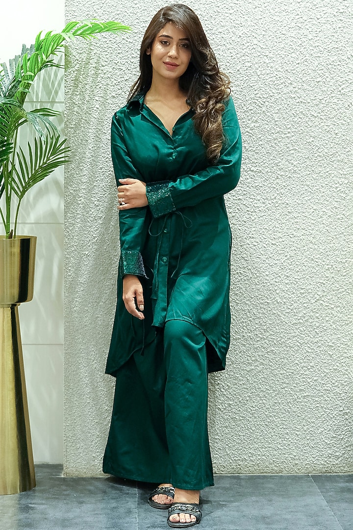 Emerald Green Cotton Satin Co-Ord Set by First Resort by Ramola Bachchan at Pernia's Pop Up Shop