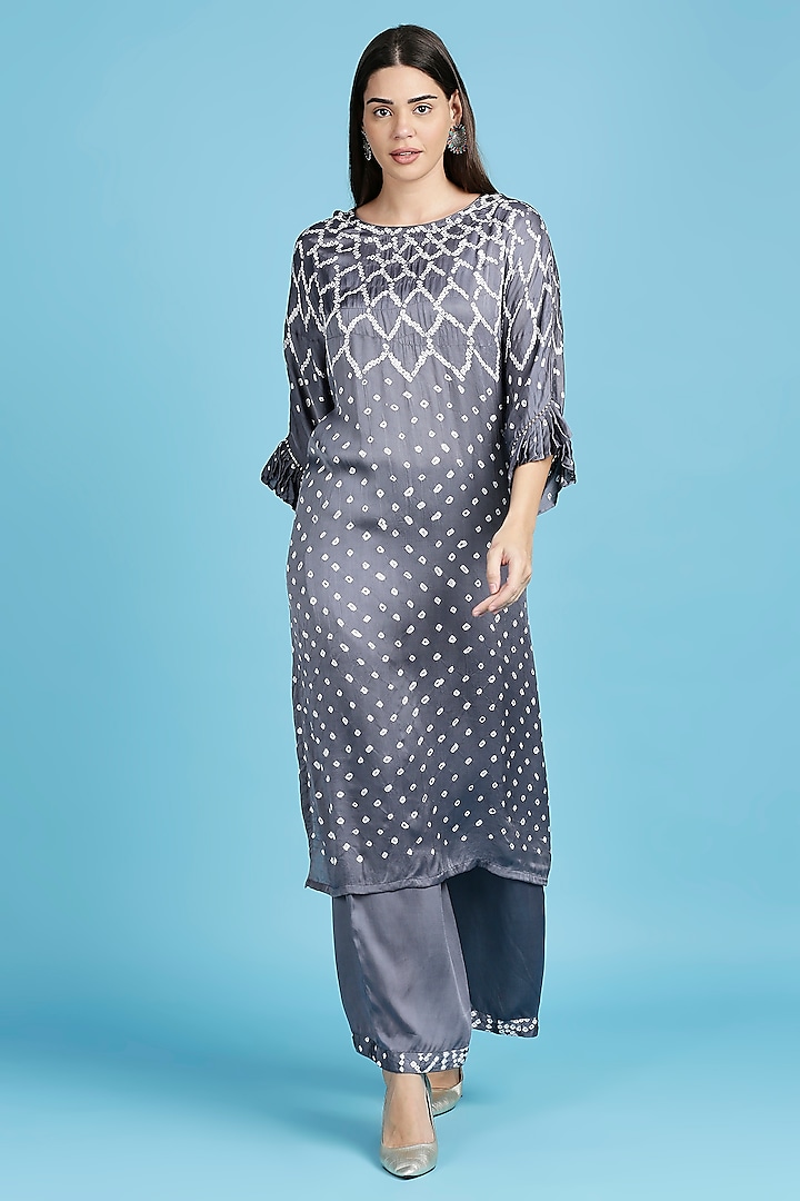 Grey Bandhani Long Kurta Set In Silk by ILAPTI
