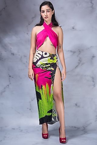 Black & Hot Pink Digital Printed Skirt Set by Shivani Nirupam