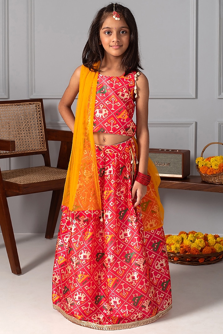 Red Patola Printed Lehenga Set For Girls by Free Sparrow