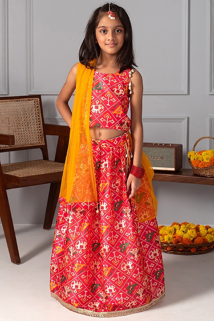 Red Patola Printed Lehenga Set For Girls by Free Sparrow at Pernia's Pop Up Shop