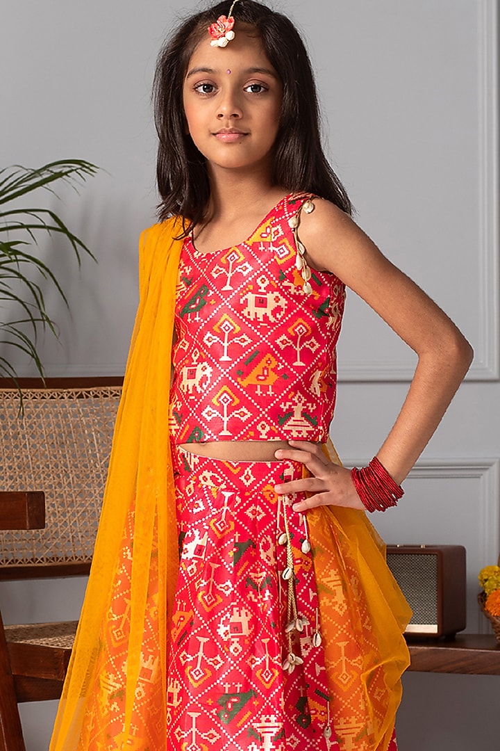 Red Patola Printed Lehenga Set For Girls by Free Sparrow at Pernia's Pop Up Shop