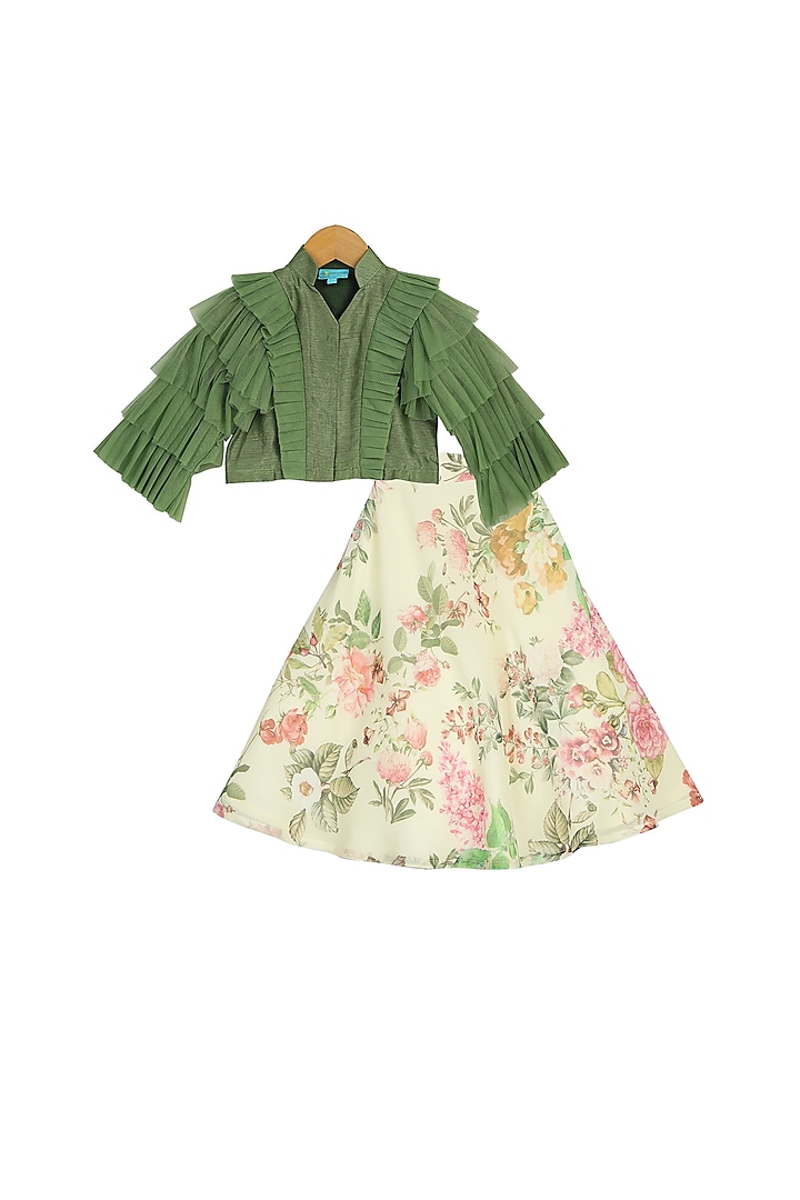 Ivory & Green Floral Lehenga Set For Girls by Free Sparrow at Pernia's Pop Up Shop