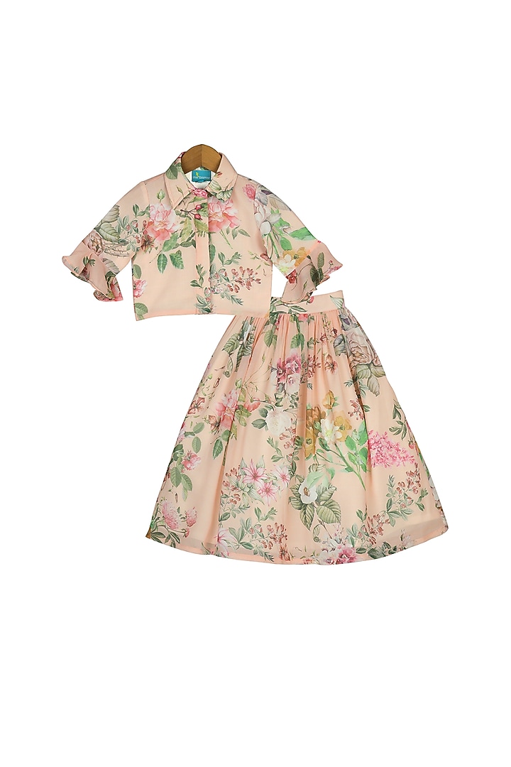 Peach Printed Lehenga Set For Girls by Free Sparrow at Pernia's Pop Up Shop