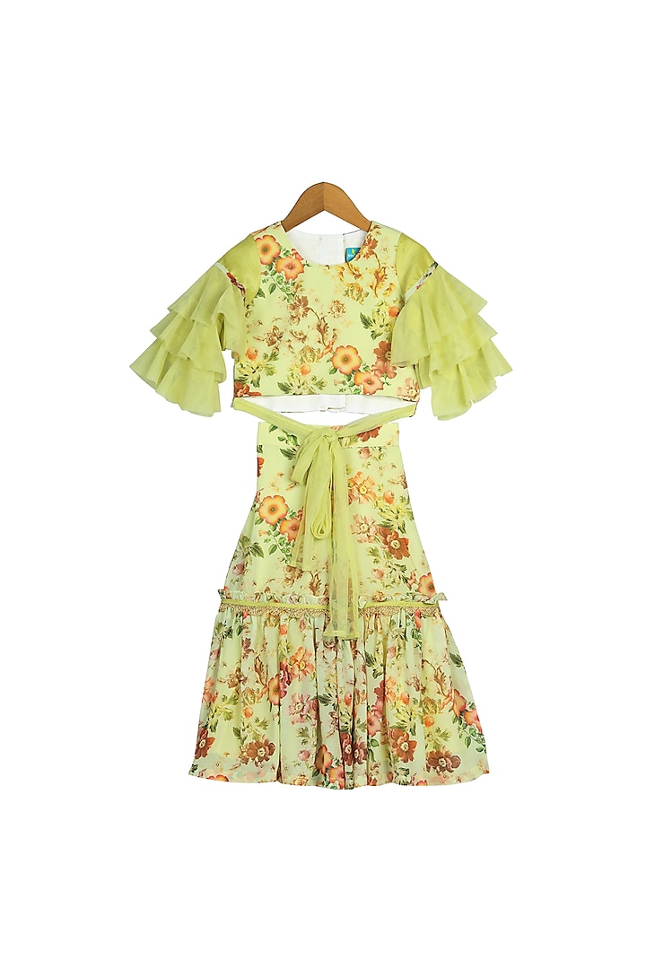 Green Floral Printed Sharara Set For Girls by Free Sparrow at Pernia's Pop Up Shop
