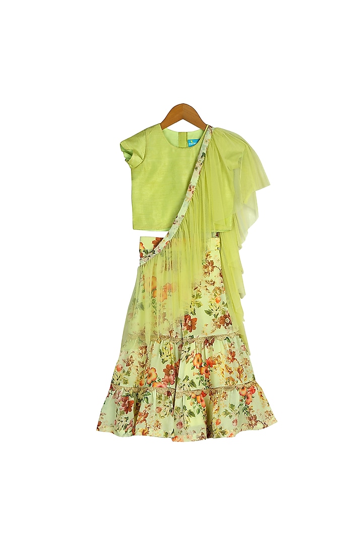 Green Sharara Set With Attached Dupatta For Girls by Free Sparrow